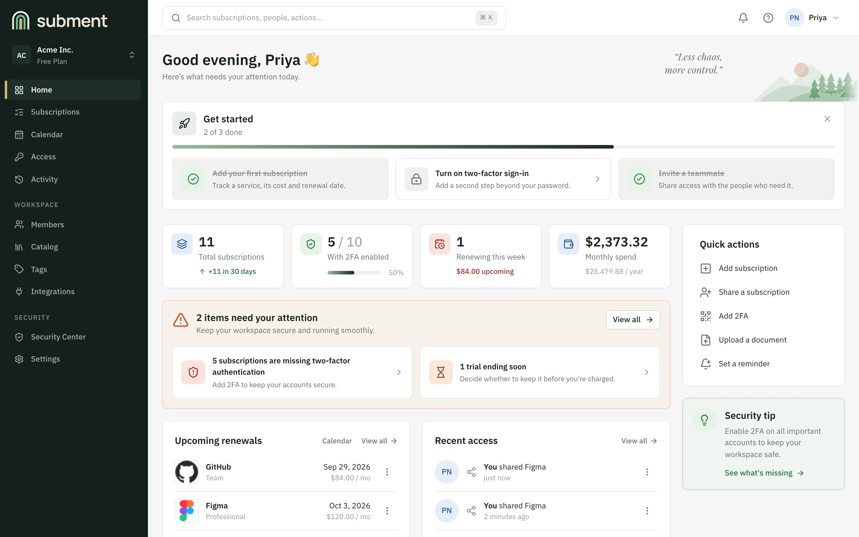 The Subment home screen for a sample workspace: monthly spend, items needing attention, upcoming renewals and recent access