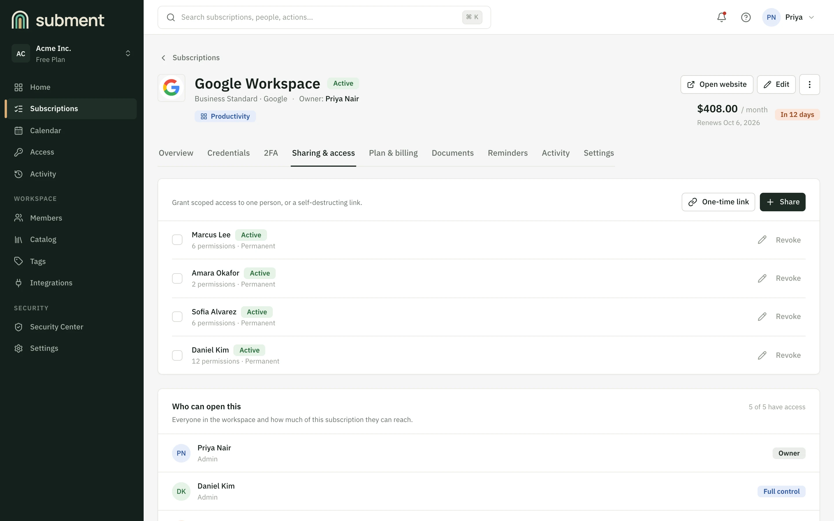 The sharing and access page for a Google Workspace subscription: each person's permissions, a one-time link button, and a table of everyone in the workspace and how much of the subscription they can reach