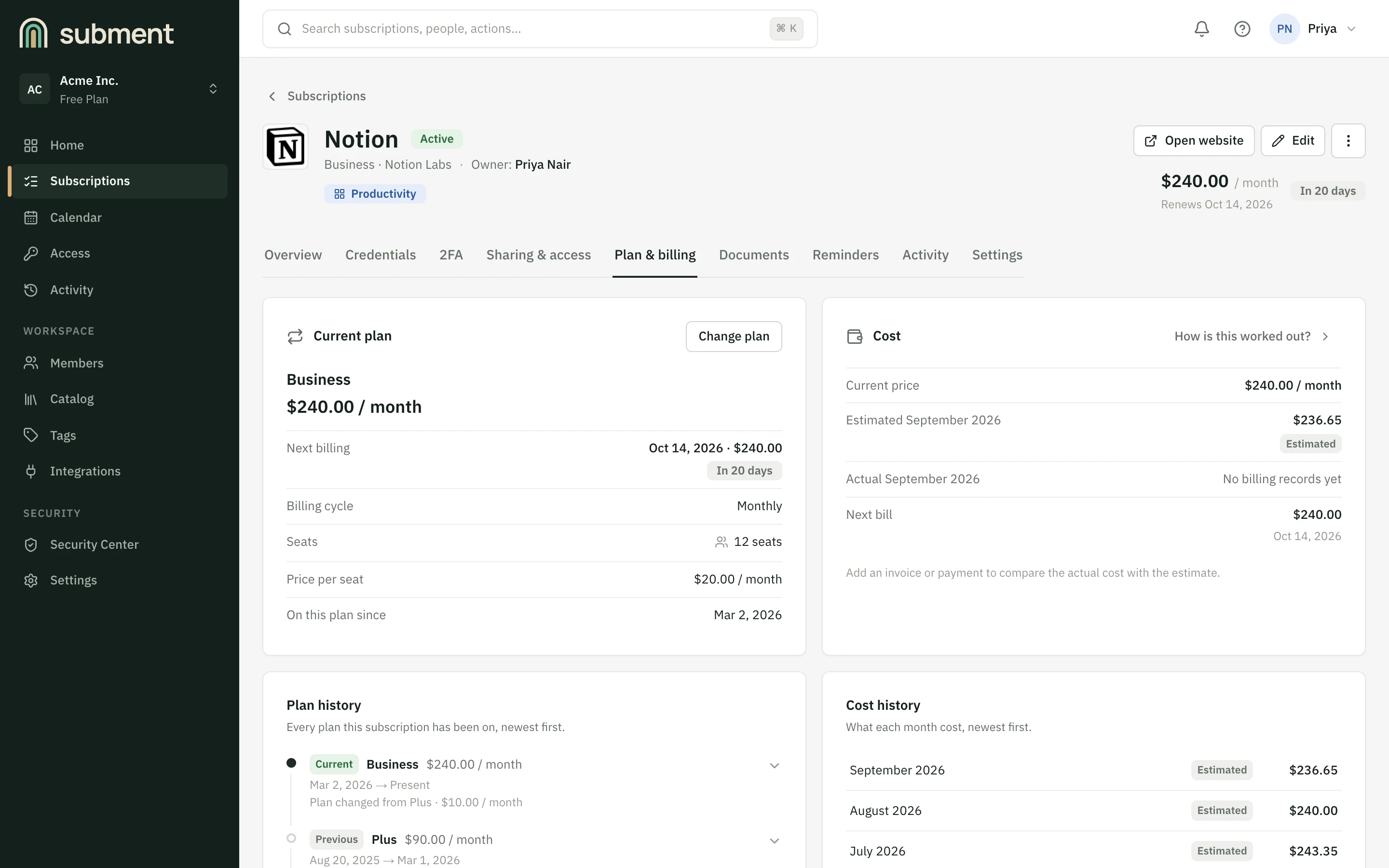 The plan and billing page for a Notion subscription: current plan and price per seat, estimated and actual cost for the month, the plan history and a monthly cost history